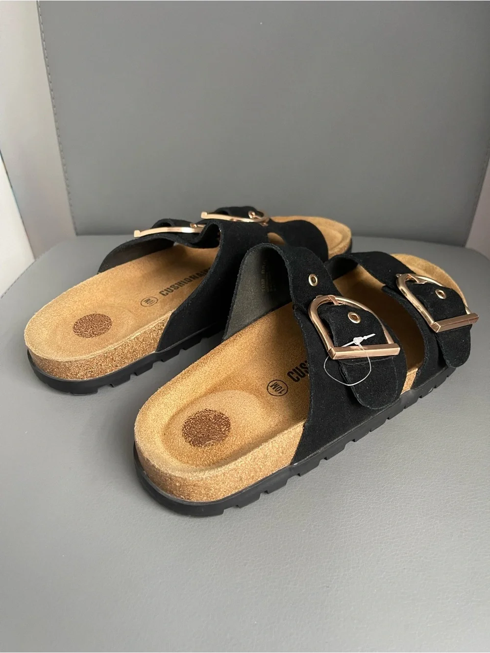 CUSHIONAIRE Black Suede Double Buckle Adjustable Slide Sandals Women 10W